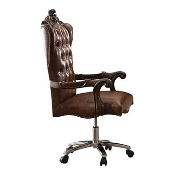 Faux Leather Upholstered Wooden Executive Chair With Swivel, Cherry Oak Brown