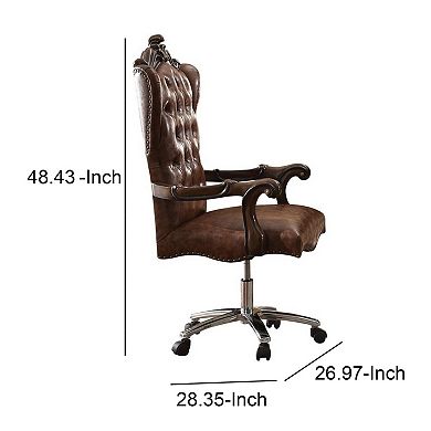 Faux Leather Upholstered Wooden Executive Chair With Swivel, Cherry Oak Brown