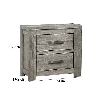 Wooden Nightstand with Two Drawers and Metal Bar Handles, Gray