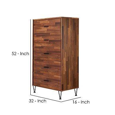 Enchanting  Wooden Chest With 5 Drawers, Walnut Brown
