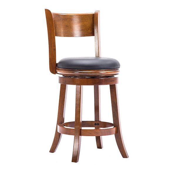 Pal 24 Inch Swivel Counter Stool, Solid Wood, Bonded Leather, Walnut Brown