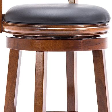 Pal 24 Inch Swivel Counter Stool, Solid Wood, Bonded Leather, Walnut Brown