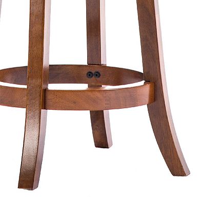 Pal 24 Inch Swivel Counter Stool, Solid Wood, Bonded Leather, Walnut Brown