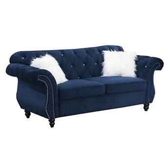 77 in Nailhead Trim Velvet Loveseat with Crystal Tufting, Blue