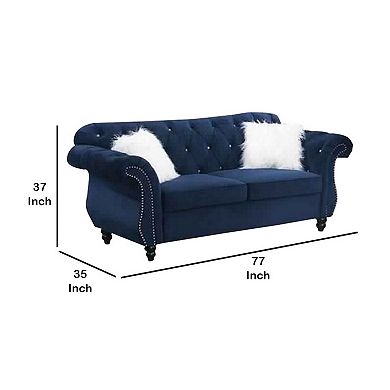 77 Inches Nailhead Trim Velvet Loveseat with Crystal Tufting, Blue