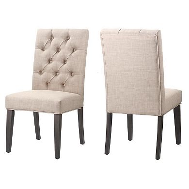 Fabric Upholstered Wooden Chair with Button Tufting, Set of 2, Beige and Black