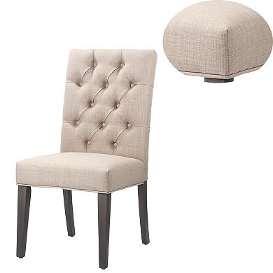 Fabric Upholstered Wooden Chair with Button Tufting, Set of 2, Beige and Black