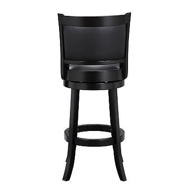 29 Inch Pio Solid Wood Swivel Barstool, Vegan Faux Leather, Curved Backrest, Black
