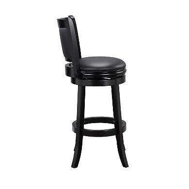 29 Inch Pio Solid Wood Swivel Barstool, Vegan Faux Leather, Curved Backrest, Black