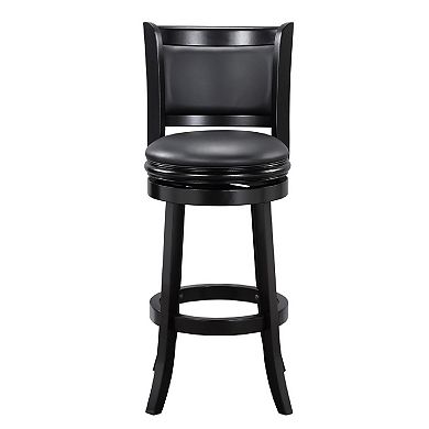 29 Inch Pio Solid Wood Swivel Barstool, Vegan Faux Leather, Curved Backrest, Black