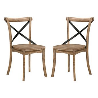 Wood and Metal Side Chair with X Open Back, Set of 2, Rustic Brown and Black
