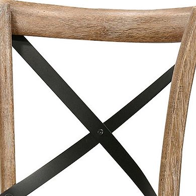 Wood and Metal Side Chair with X Open Back, Set of 2, Rustic Brown and Black
