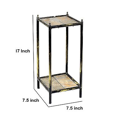 2 Tier Square Stone Top Plant Stand with Metal Frame, Small, Black and Gray