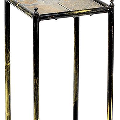 2 Tier Square Stone Top Plant Stand with Metal Frame, Small, Black and Gray