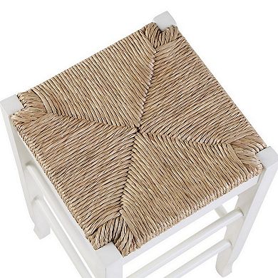 Square Wooden Frame Counter Stool with Hand Woven Rush, White and Brown