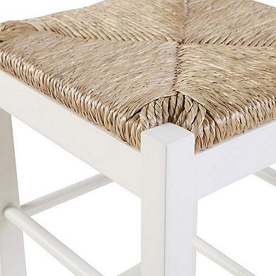 Square Wooden Frame Counter Stool with Hand Woven Rush, White and Brown