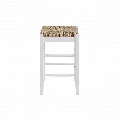 Square Wooden Frame Counter Stool with Hand Woven Rush, White and Brown