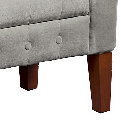 Velvet Upholstered Button Tufted Wooden Bench Settee With Hinged Storage, Gray and Brown