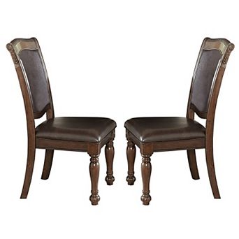 Wood & Leather Dining Side Chair, Cherry Brown & Dark Brown, Set of 2