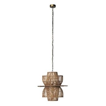 24 Inch Rattan Pendant Chandelier, Natural Brown, Brass