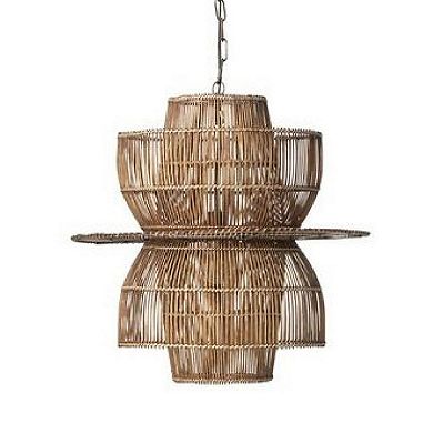 24 Inch Rattan Pendant Chandelier, Natural Brown, Brass