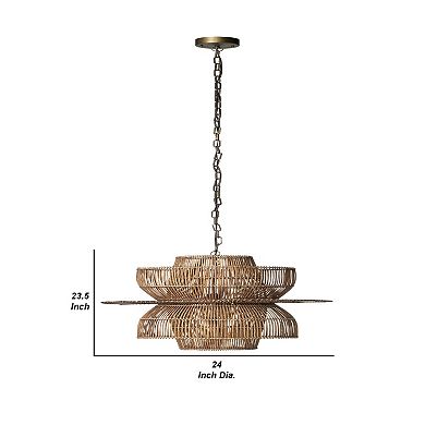 24 Inch Rattan Pendant Chandelier, Natural Brown, Brass