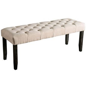 20 Inch Button Tufted Wooden Bench, Antique Black and Beige
