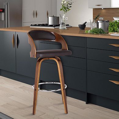 30 Inch Swivel Faux Leather Counter Height Barstool with Open Back, Brown