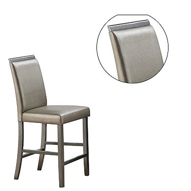 Faux Leather Counter Height Chairs, Wooden Trim Top, Set Of 2, Champagne Gold