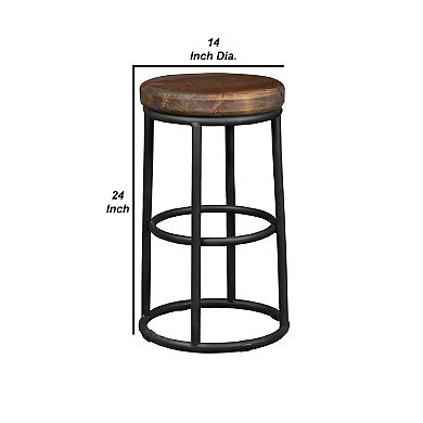 Ken 24 Inch Backless Round Counter Stool, Pine Wood Seat, Brown, Black