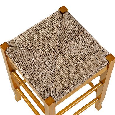 Chris 24 Inch Counter Stool with Wood Frame, Handwoven Rush Seat, Oak Brown