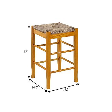 Chris 24 Inch Counter Stool with Wood Frame, Handwoven Rush Seat, Oak Brown