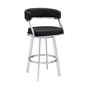 26 Inch Curved Seat Leatherette Swivel Barstool, Silver and Black