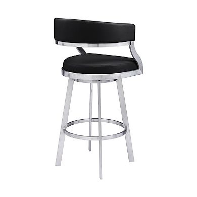 26 Inch Curved Seat Leatherette Swivel Barstool, Silver and Black