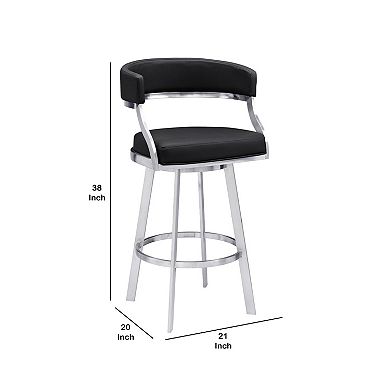 26 Inch Curved Seat Leatherette Swivel Barstool, Silver and Black