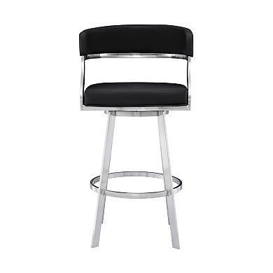 26 Inch Curved Seat Leatherette Swivel Barstool, Silver and Black