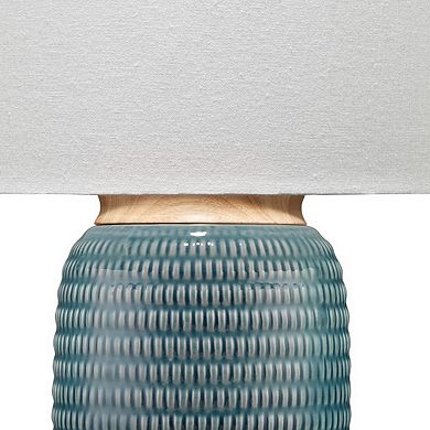 Table Lamp with Ribbed Ceramic Body and Fabric Shade, Blue