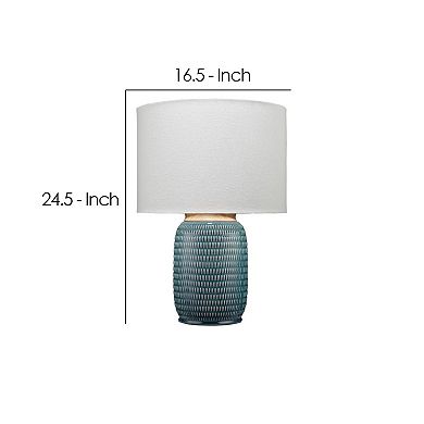 Table Lamp with Ribbed Ceramic Body and Fabric Shade, Blue
