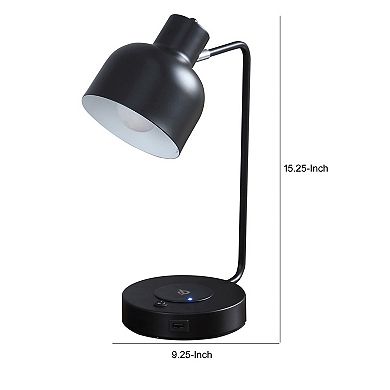 15 Inch Metal Table Lamp, Adjustable Shade, Wireless Charging, Black