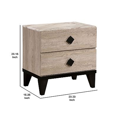 2 Drawer Wooden Nightstand with Grains and Angled Legs, Cream