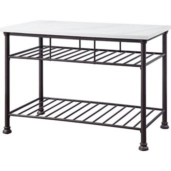 Kitchen Island with Artificial Marble Top and 2 Slatted Shelf, White