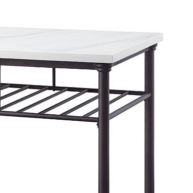 Kitchen Island with Artificial Marble Top and 2 Slatted Shelf, White