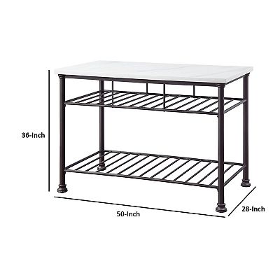 Kitchen Island with Artificial Marble Top and 2 Slatted Shelf, White