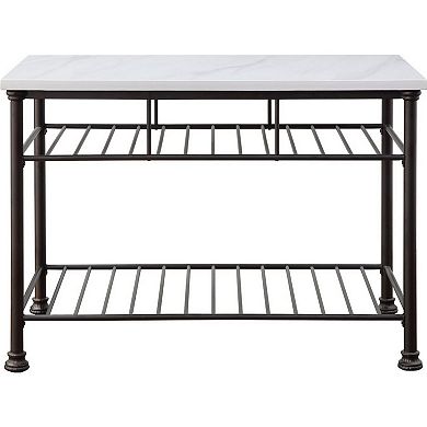 Kitchen Island with Artificial Marble Top and 2 Slatted Shelf, White