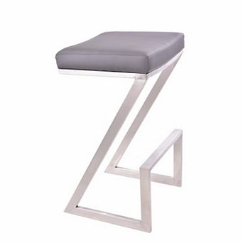 Z Shaped Metal Backless Barstool with Padded Seat, Silver and Gray