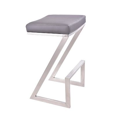 Z Shaped Metal Backless Barstool with Padded Seat, Silver and Gray