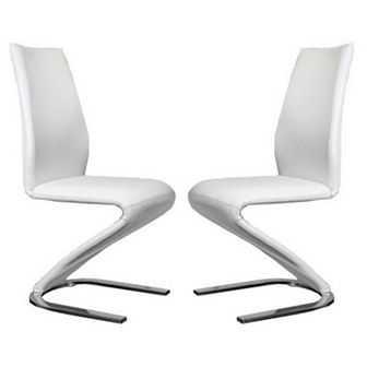 Leatherette Side Chair with U Shaped Metal Base, Set of 2, White and Chrome