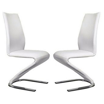 Leatherette Side Chair with U Shaped Metal Base, Set of 2, White and Chrome