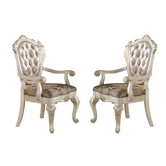 28 Inch Vegan Faux Leather Dining Side Chair, Set of 2, White, Gold