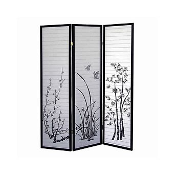 Naturistic Print Wood and Paper 3 Panel Room Divider, White and Black